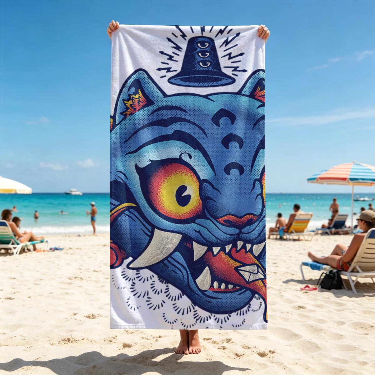 Blue Tiger with Bell and Envelope in Mouth - Beach towels