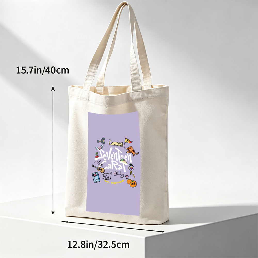 Seventeen Carat Say The Name Album Art Featuring Cats, Guitar, and Cute Icons - Canvas tote bags