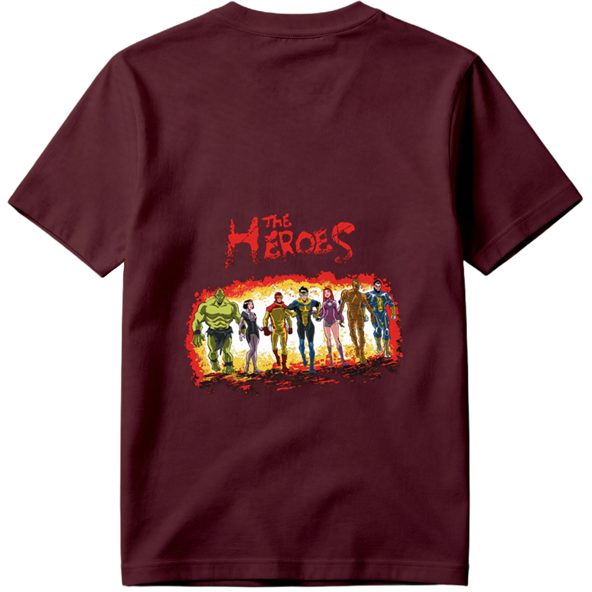 The Heroes: Green Hulk, Black Widow, Red Ranger, Blue Avenger, Pink Warrior, Golden Titan, and Blue Sentinel - Tee