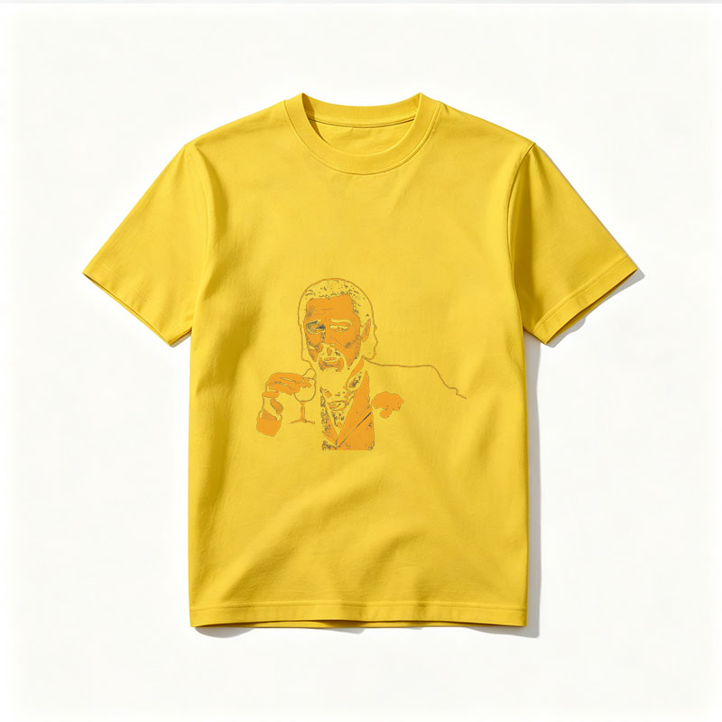 Liam Neeson as a suave gentleman holding a wine glass, stylized in bold yellow and black. - Tee