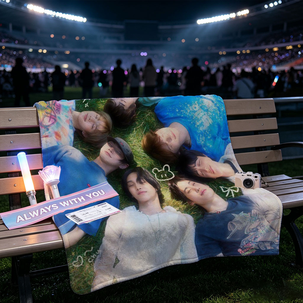 ENHYPEN Lying on Grass in a Circle with Playful Expressions and Cute Emojis - Blankets