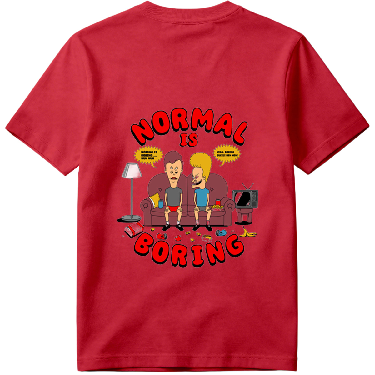 Normal Is Boring: Two Cartoon Characters on Couch with Chaos Around - Tee