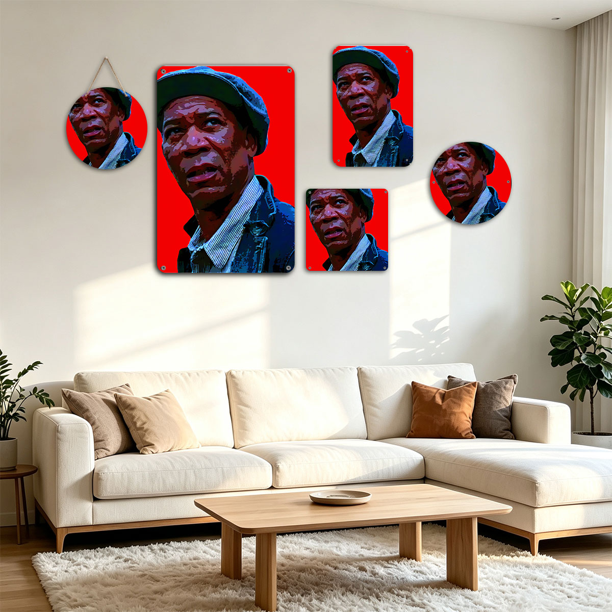 Morgan Freeman in a blue cap and jacket against a red background - painting