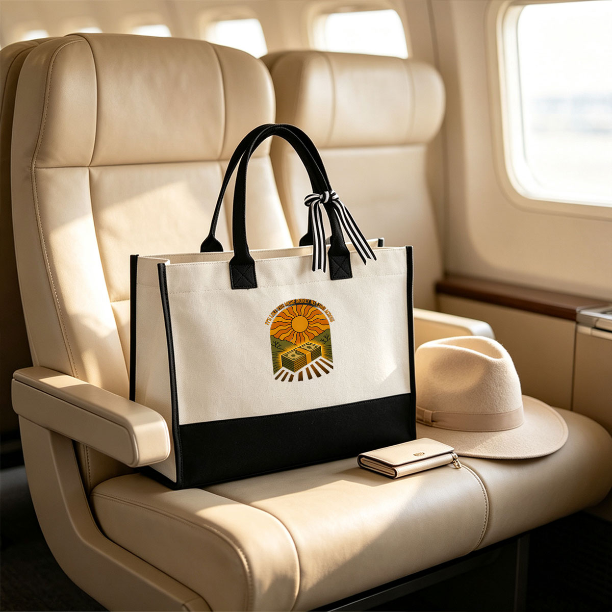 Money Glows Under the Sun: Stacks of Cash in a Radiant Landscape - Canvas patchwork gift tote bag