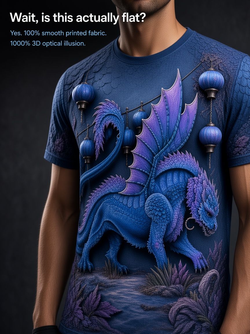 Blue Dragon 3D Optical Illusion Graphic Tee Breathable Athletic Mesh T-Shirt for Casual and Sports Wear
