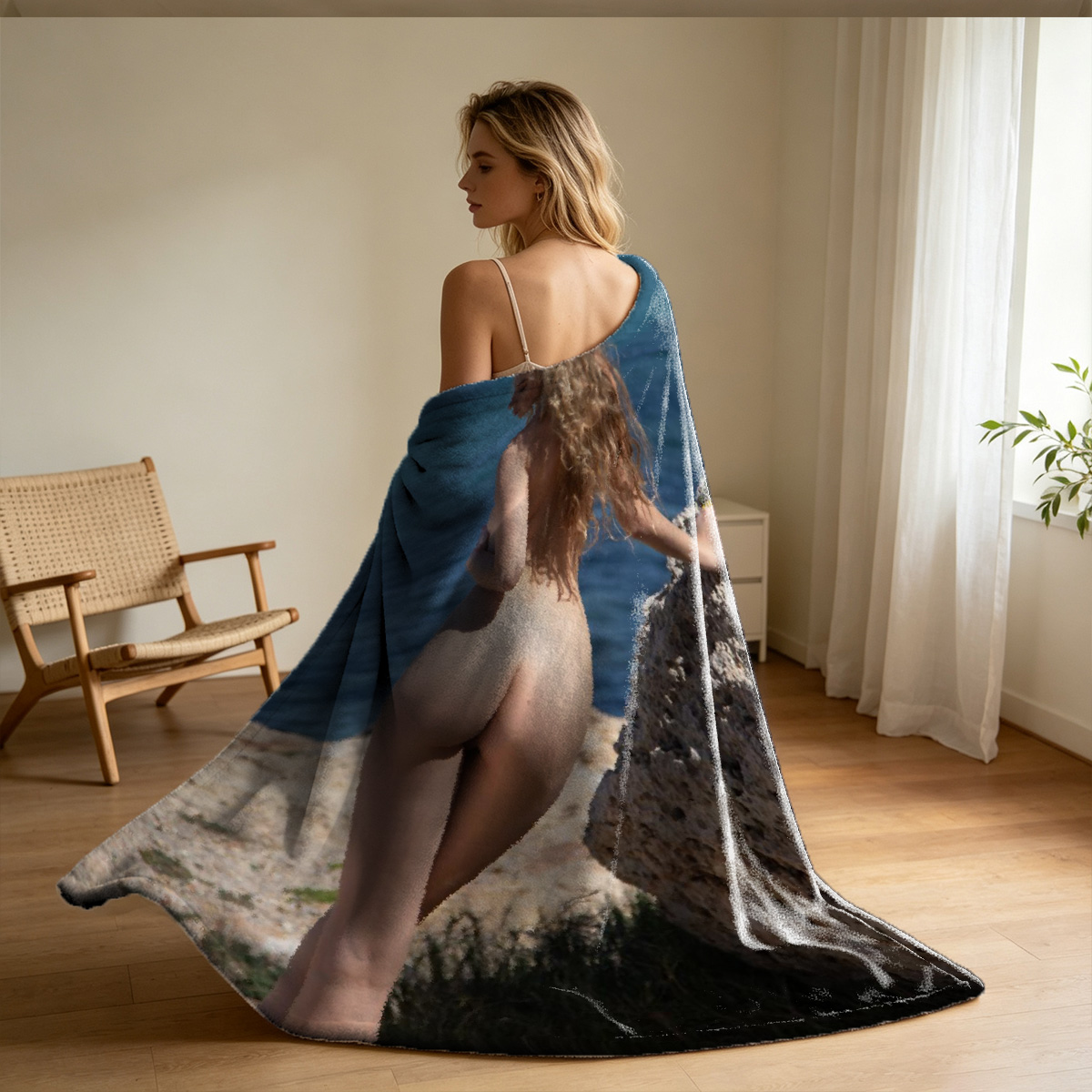 Nude Emma Watson lying on couch stretching seductively - Blanket
