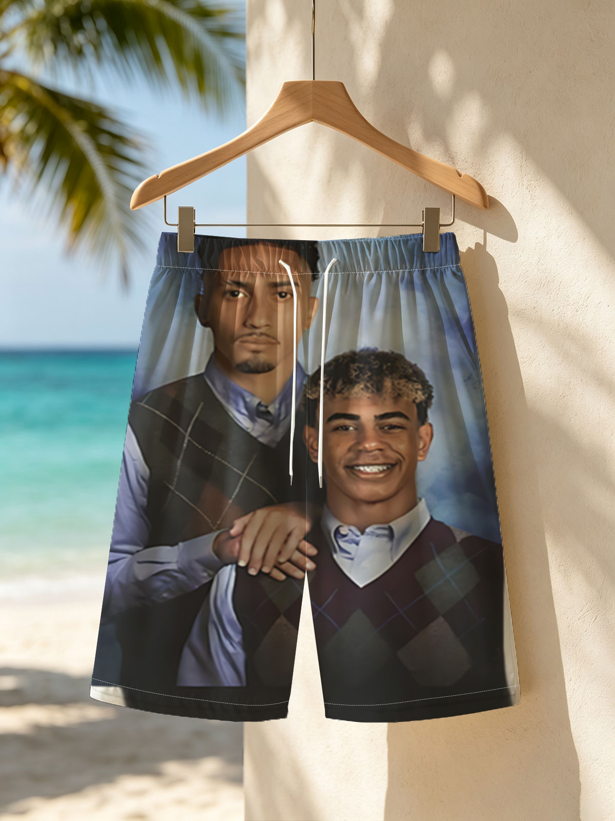 Two Men in Argyle Vests, One Smiling, One Serious, Blue Background -  Beach shorts