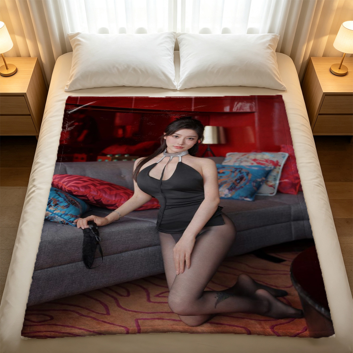 Elegant Asian beauty in purple silk dress and glossy pantyhose posing on hotel bed. - Blanket