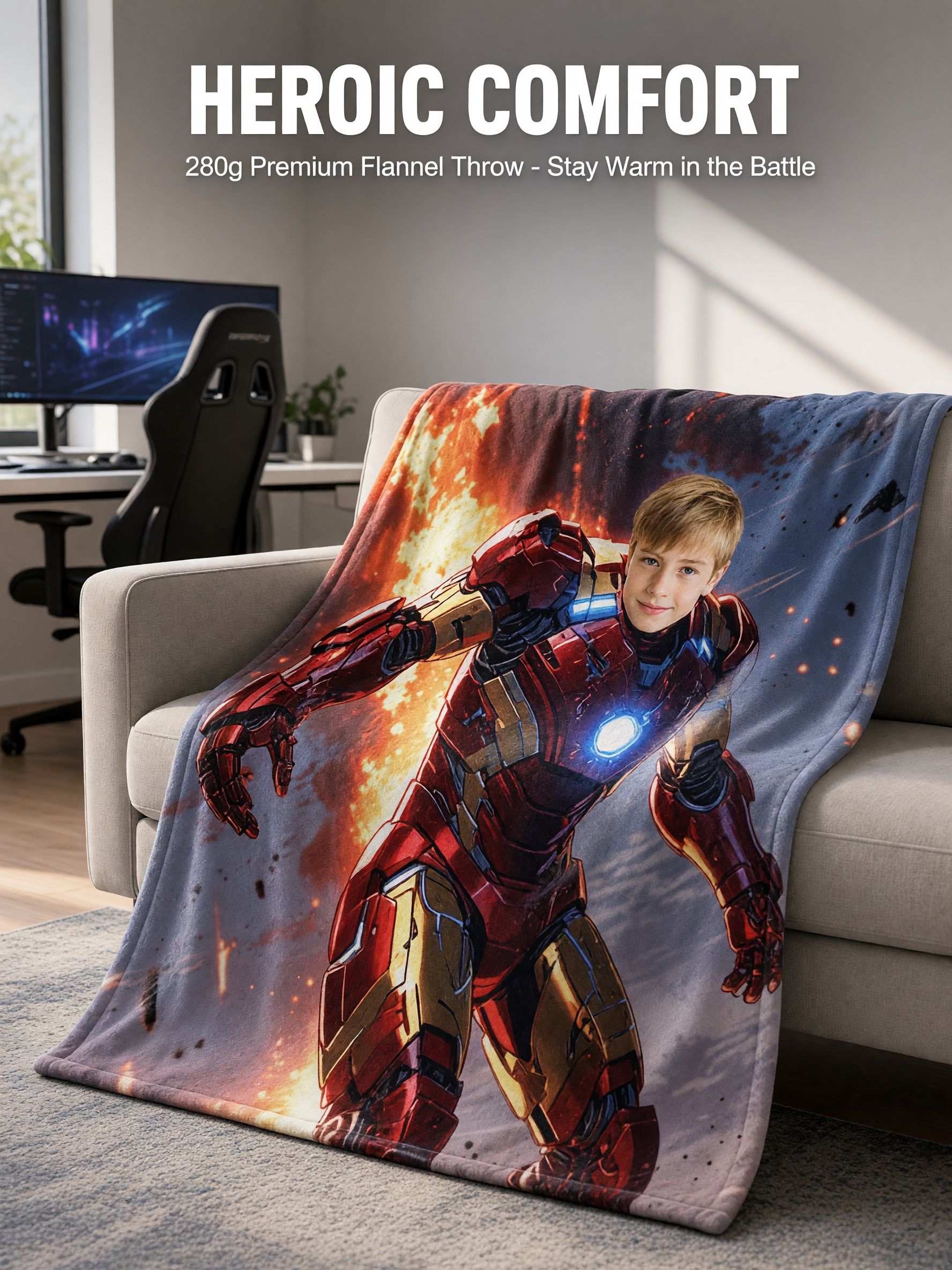 Custom Face Superhero Blanket, Personalized Photo Plush Flannel Throw, Cozy Armored Hero Gift