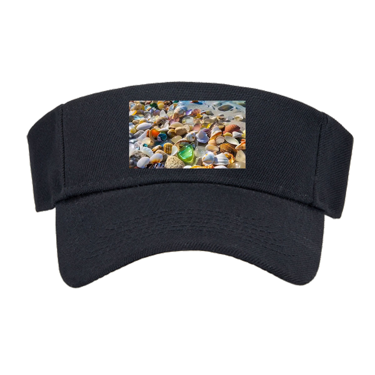 Colorful seashells on a tropical beach with clear blue water and sky. -  Visor cap