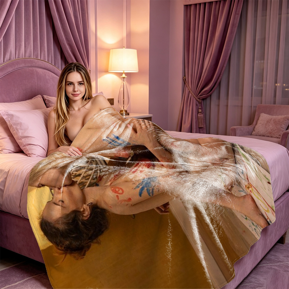 Aubrey Kate in leopard print lingerie on bed. - Blanket