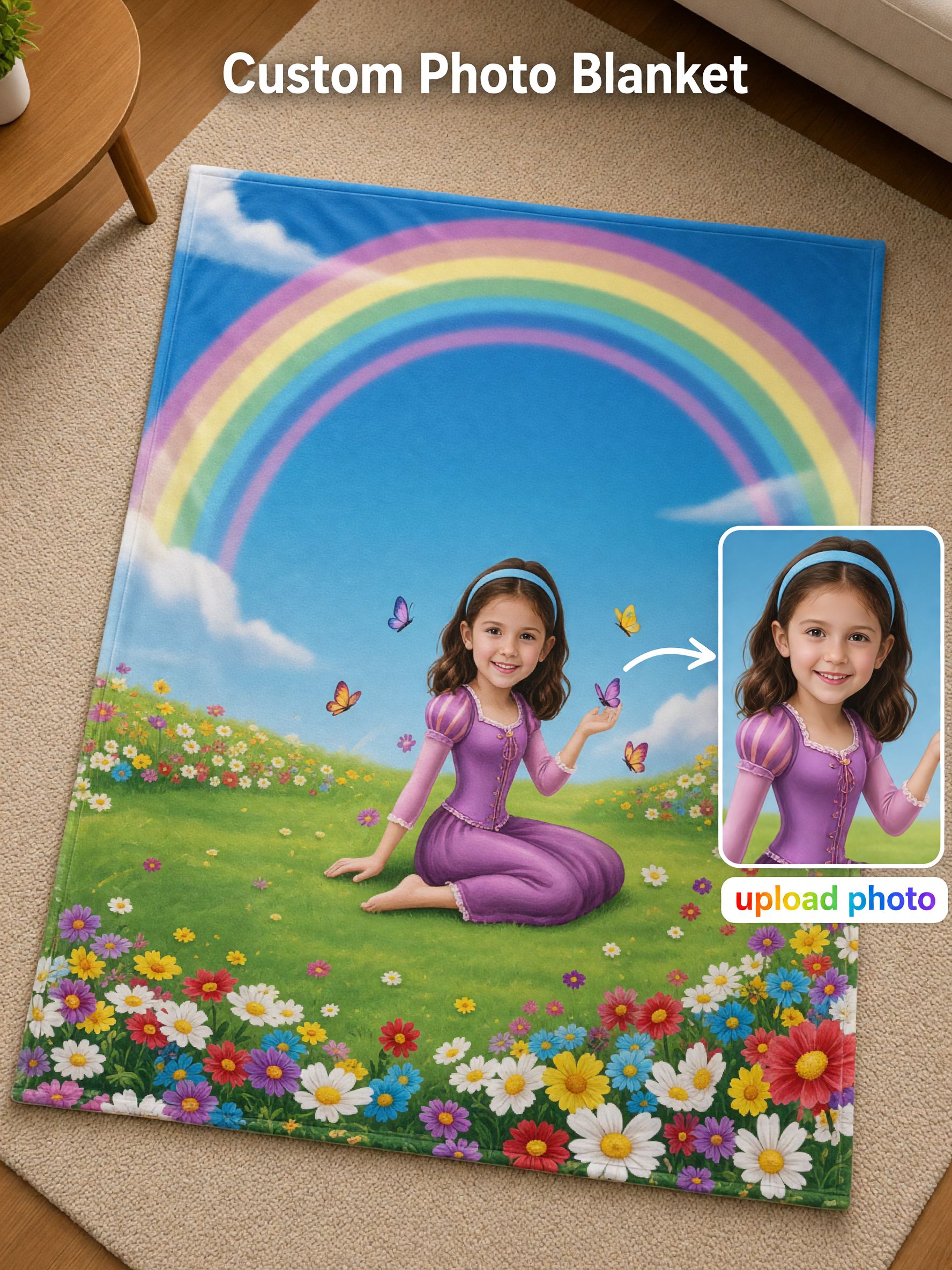 Custom Face Photo Flannel Blanket, Personalized Princess Rainbow Throw for Kids and Girls, Ideal Keepsake Gift