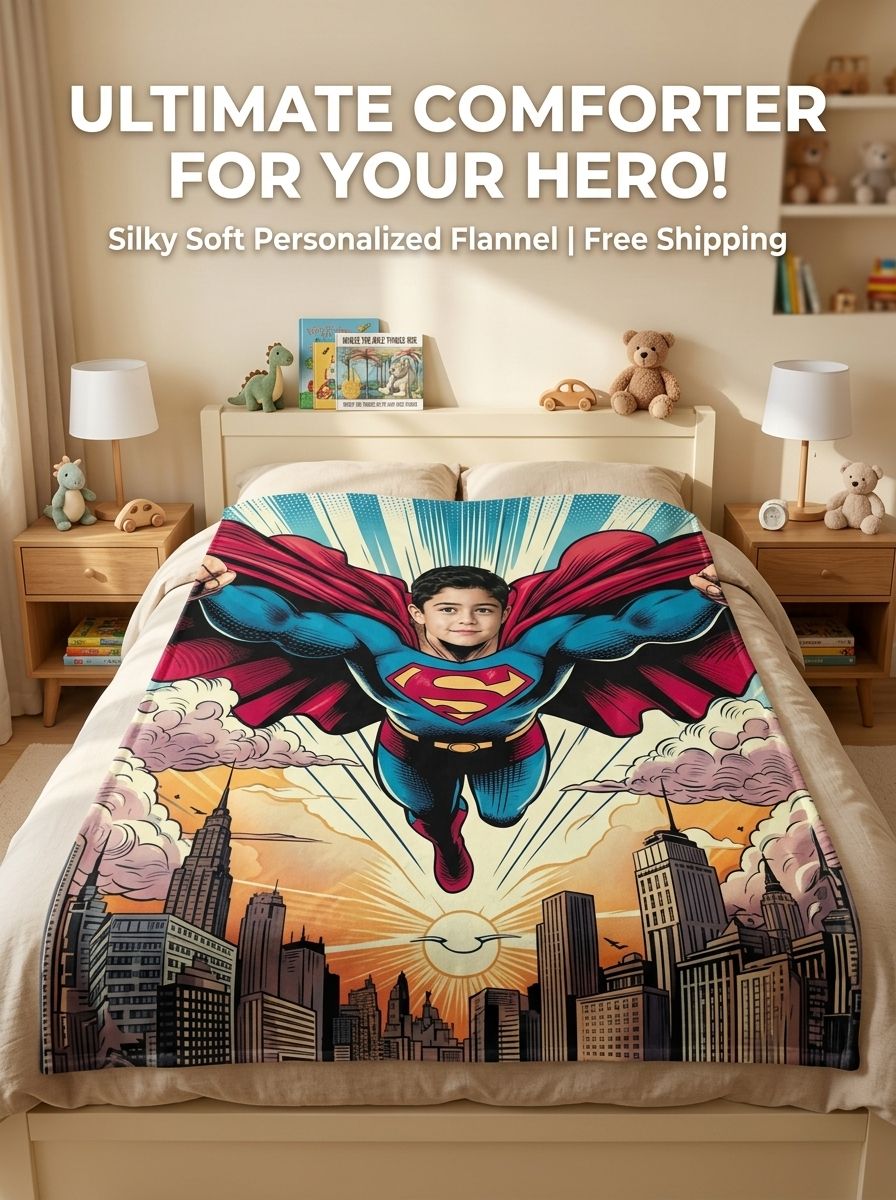 Custom Face Superhero Flannel Blanket, Personalized Photo Comic Fleece Throw, Ultra Soft Cozy Keepsake Gift for Kids