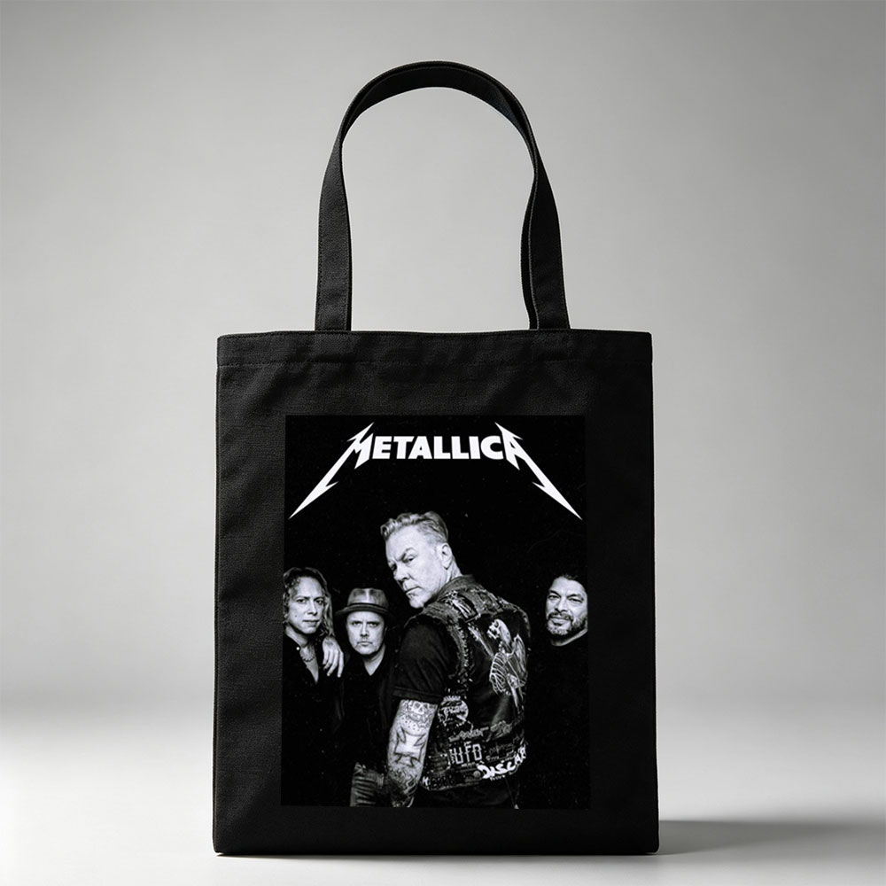 Metallica Band Members in Black and White Portrait with Iconic Logo - Canvas tote bags