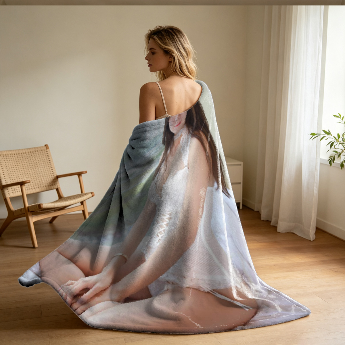 A nude woman in white panties kneeling on a sofa, looking back. - Blanket