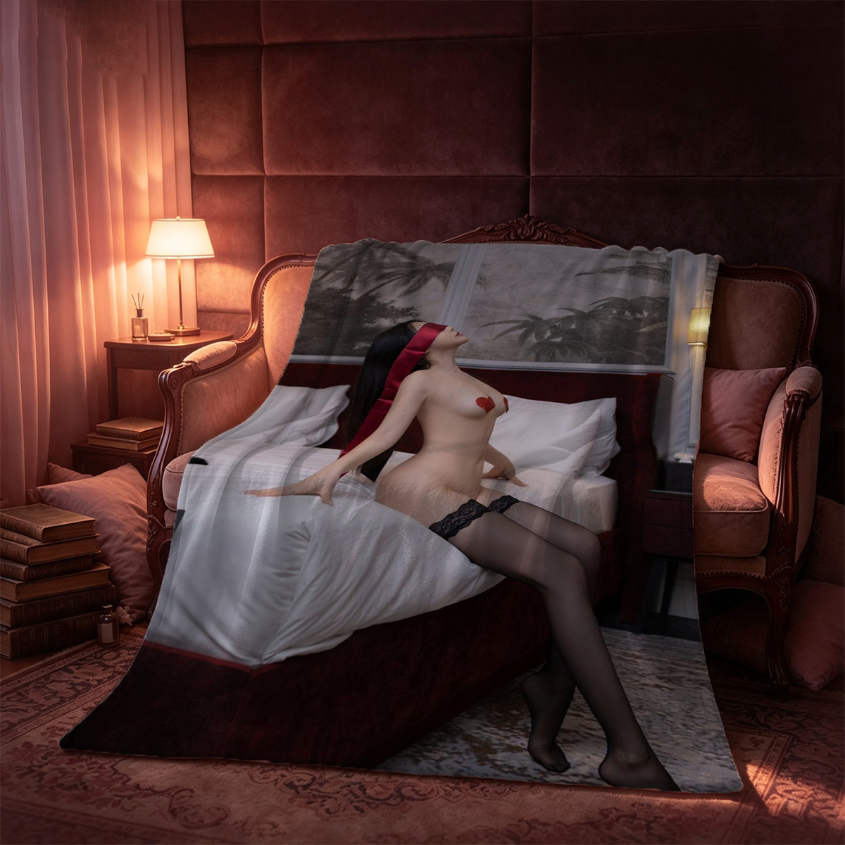 Emma Watson reading a book in a purple nightgown by the window. - Blanket