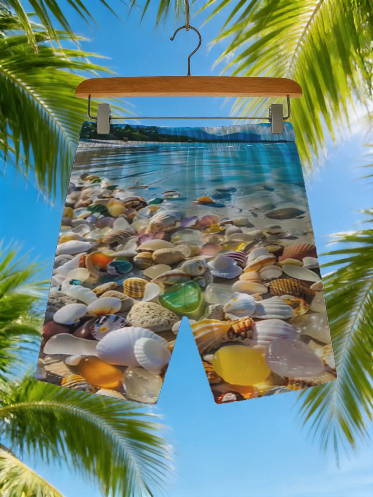 Colorful seashells on a tropical beach with clear blue water and sky. -  Beach shorts