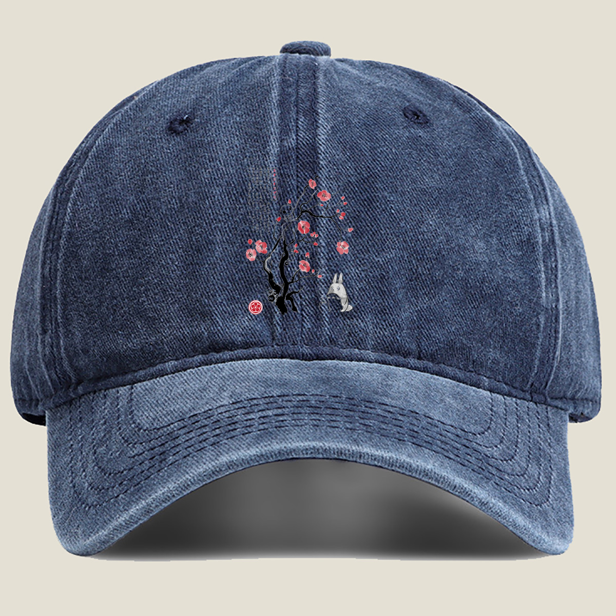 Totoro and Kodama under a Cherry Blossom Tree - Washed Denim - Baseball Cap