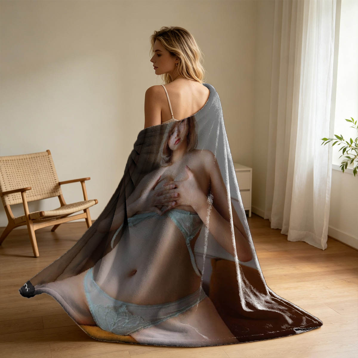 Elegant Chinese beauty in sparkling sheer black mini dress seated on ornate blue sofa. - Blanket