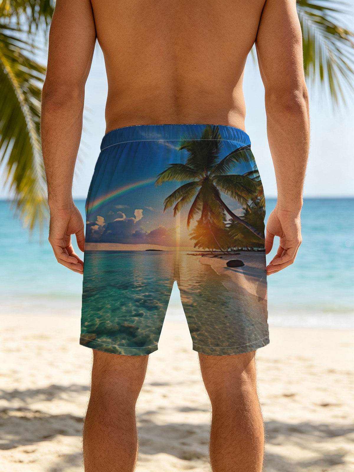 Tropical Beach with Rainbow and Palm Trees at Sunset -  Beach shorts
