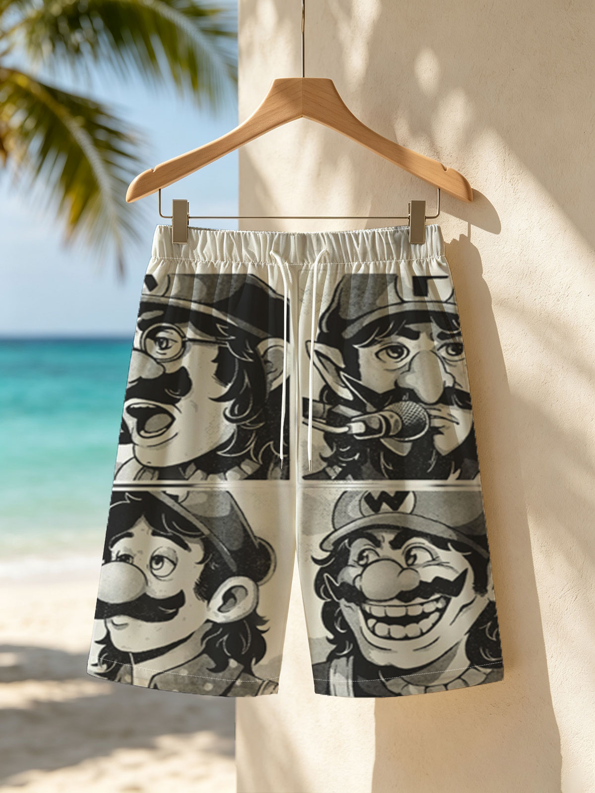 Mario, Luigi, Wario, and Waluigi in a comic-style black-and-white panel featuring expressive faces and microphones. -  Beach shorts