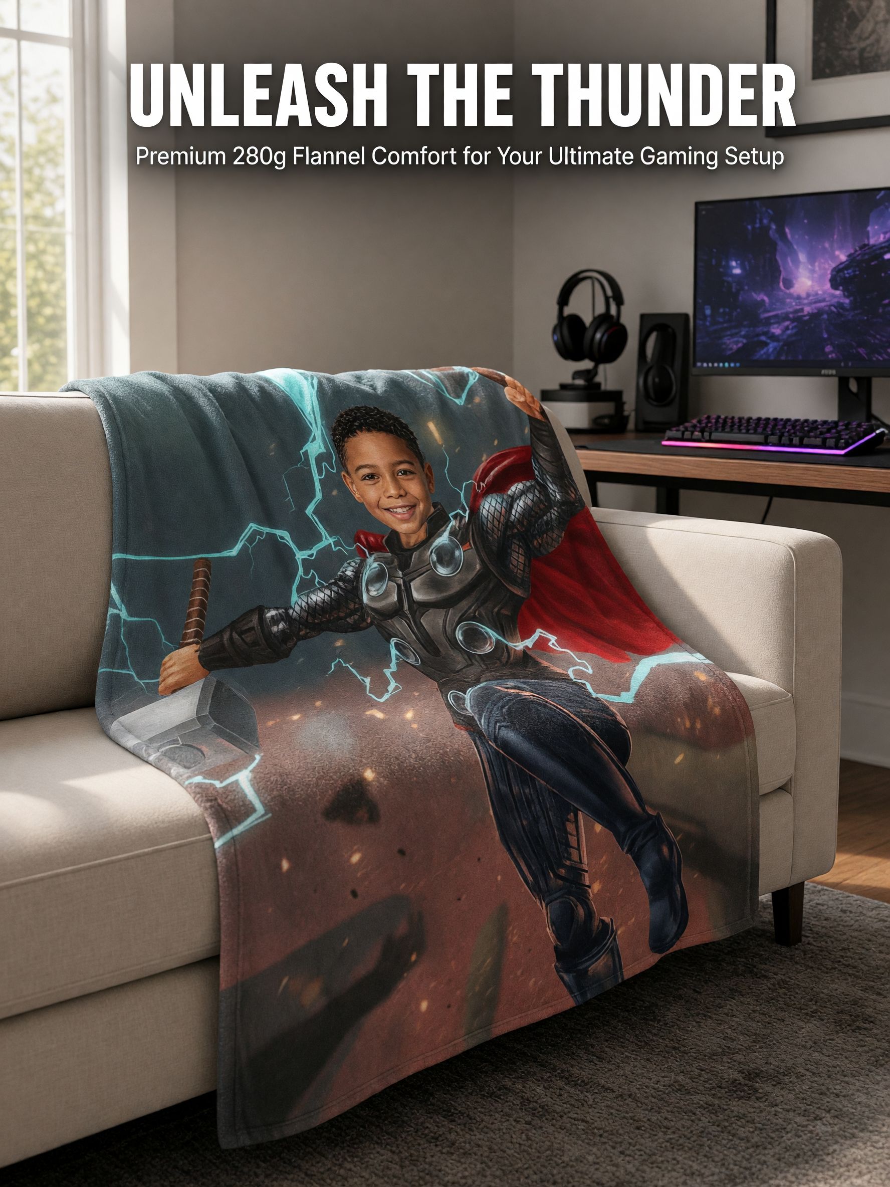 Custom Face Superhero Blanket Personalized Kids Photo Thunder Hero Flannel Throw Cozy Birthday Gift for Boys and Family