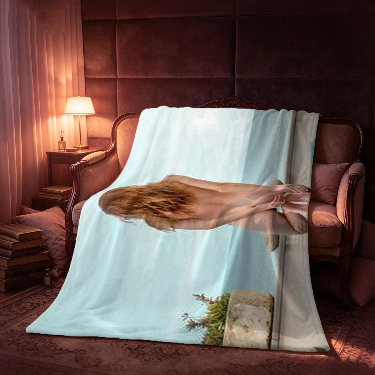 Uma Thurman in Off-Shoulder Lingerie on the Deck - Blanket