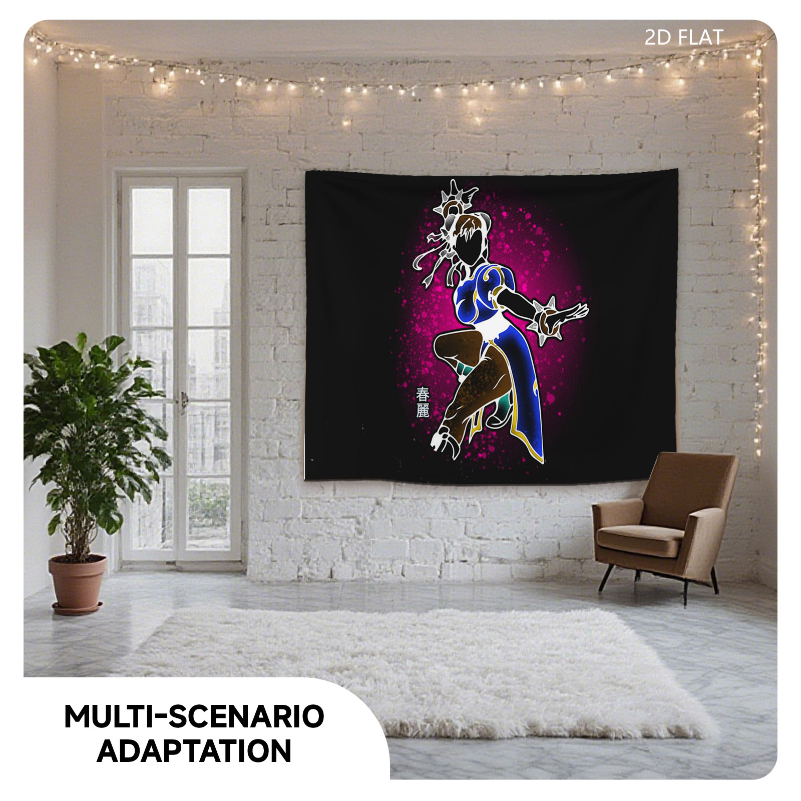 Chun-Li from Street Fighter in Dynamic Pose with Glowing Effects - Tapestry