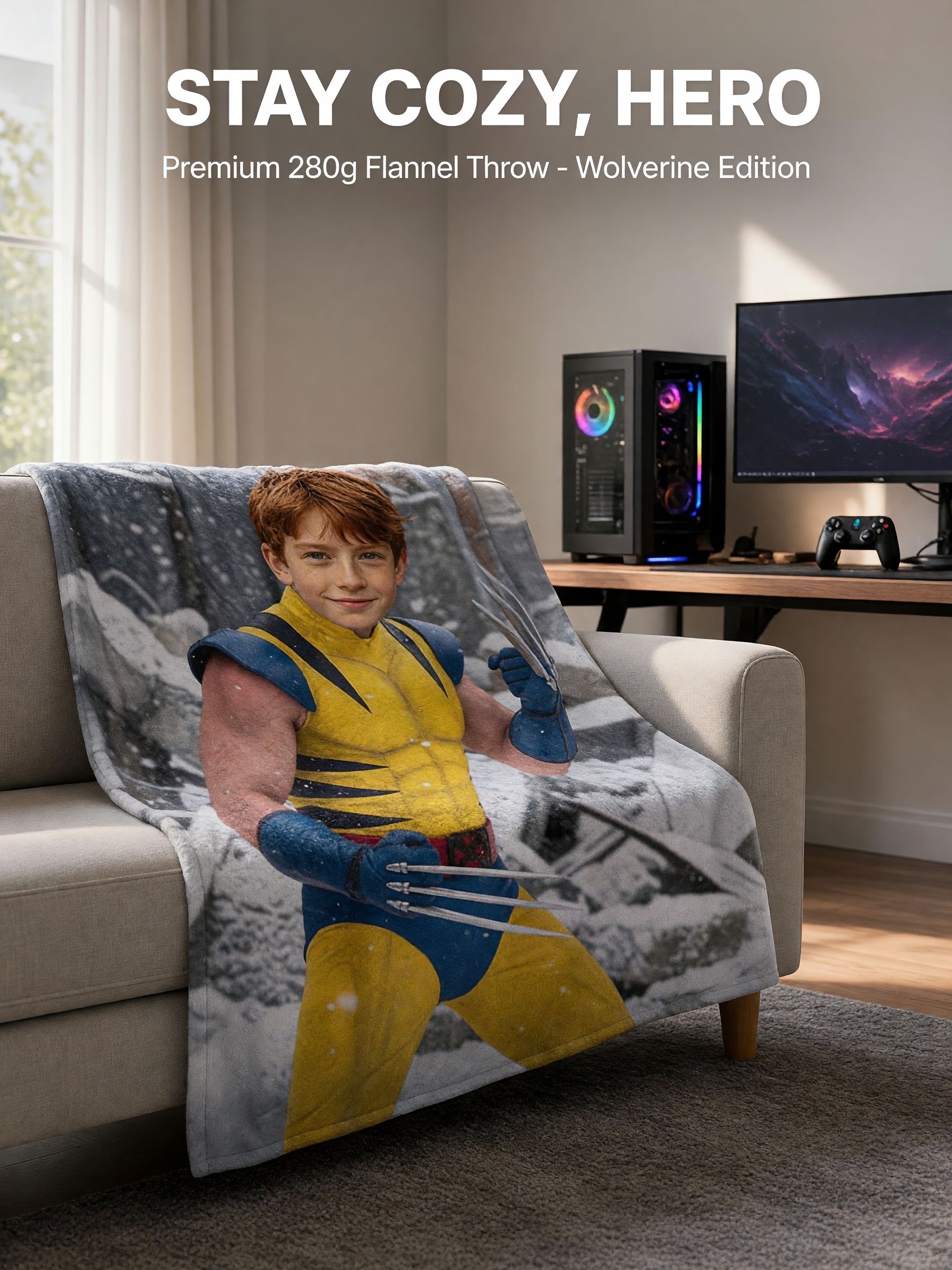 Custom Face Photo Flannel Blanket, Personalized Superhero Fleece Throw, Ideal Warm Keepsake Gift for Kids and Family