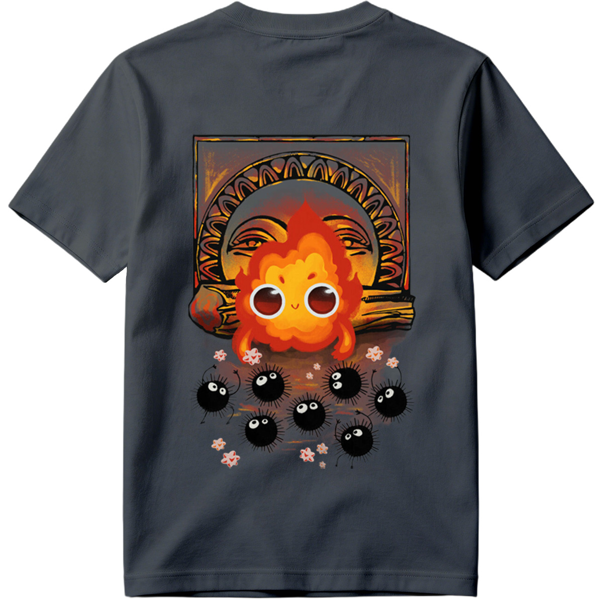 Cute Flame Character with Black Spiky Creatures and Ancient Mask Background - Tee