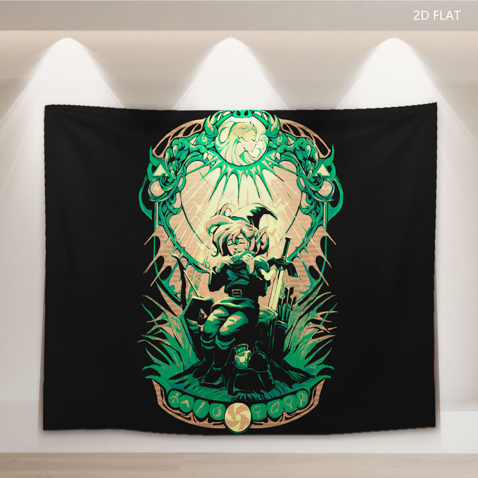 Link from The Legend of Zelda, wielding sword and shield, framed by ornate green design with Triforce symbols - Tapestry