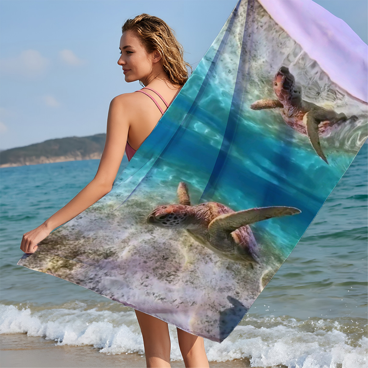 Sea turtles swim gracefully in clear blue waters, one near the surface and one gliding over sandy ocean floor. - Beach towels