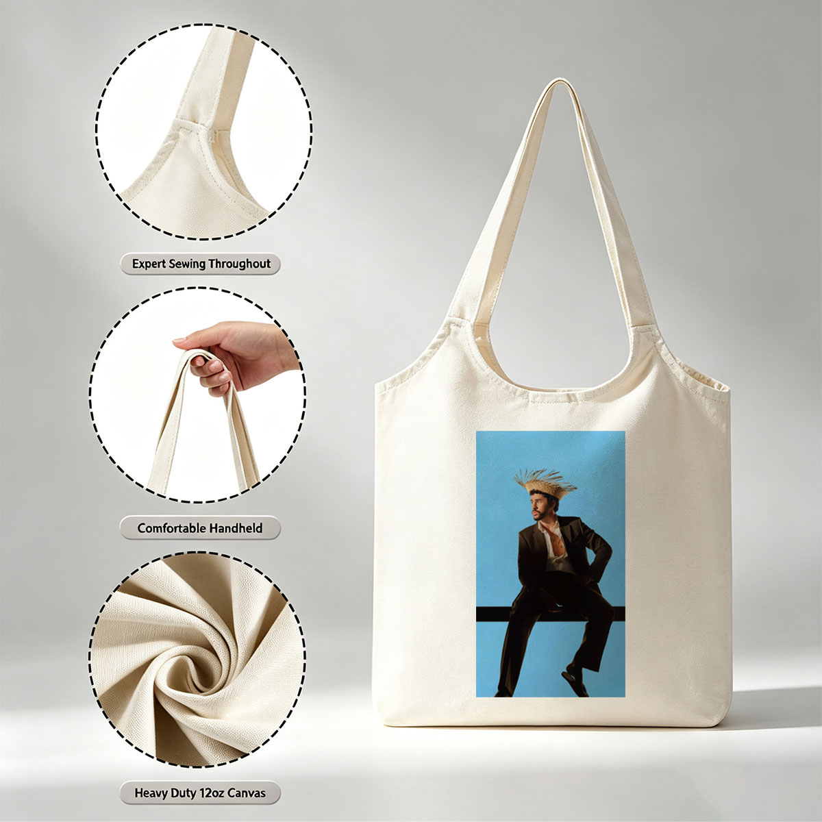 Bad Bunny in a Bold Fashion Statement Wearing a Straw Hat and Suit Against a Blue Background - Canvas shoulder bags/