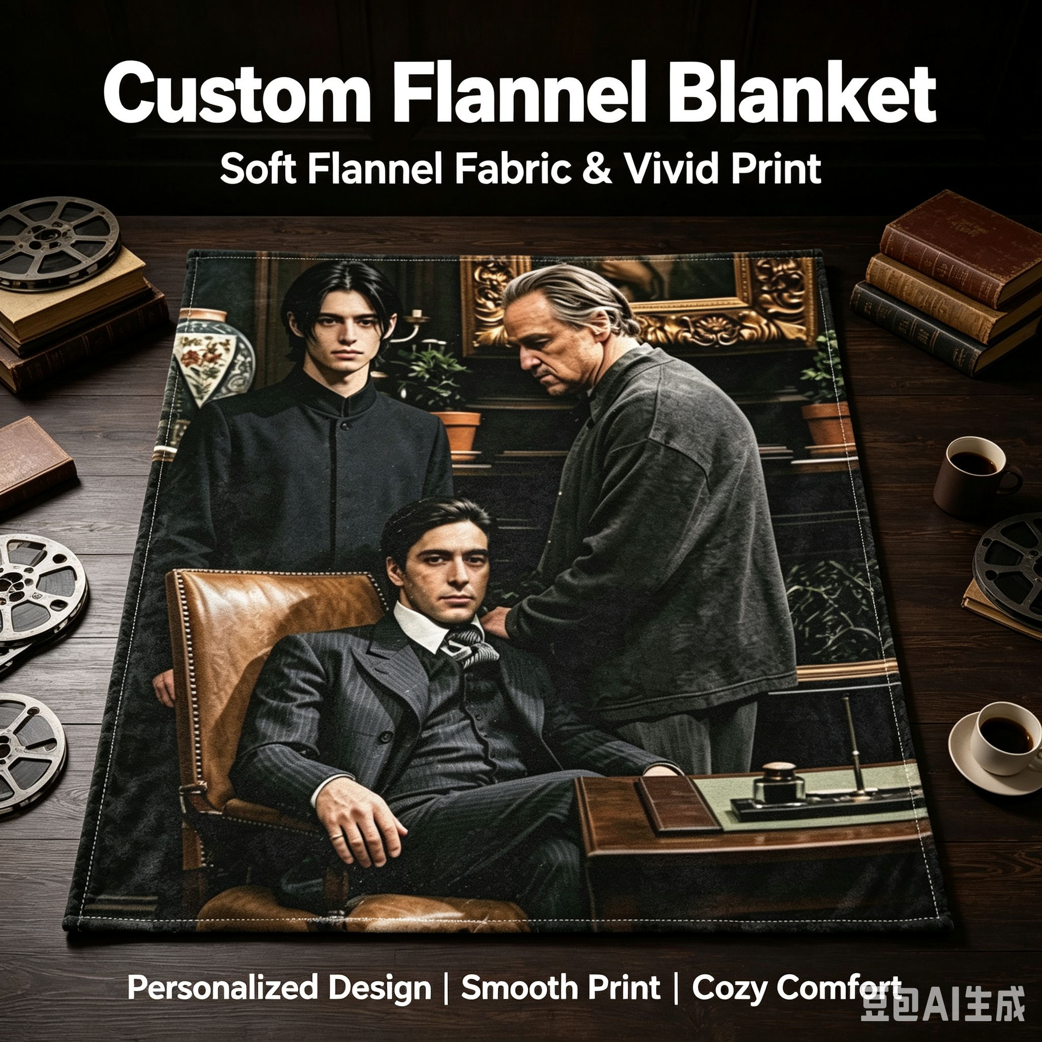 Custom Face Blanket Featuring Elegant Men in Classic Study Scene Flannel Blanket for Cozy Living Room or Office Gift Idea