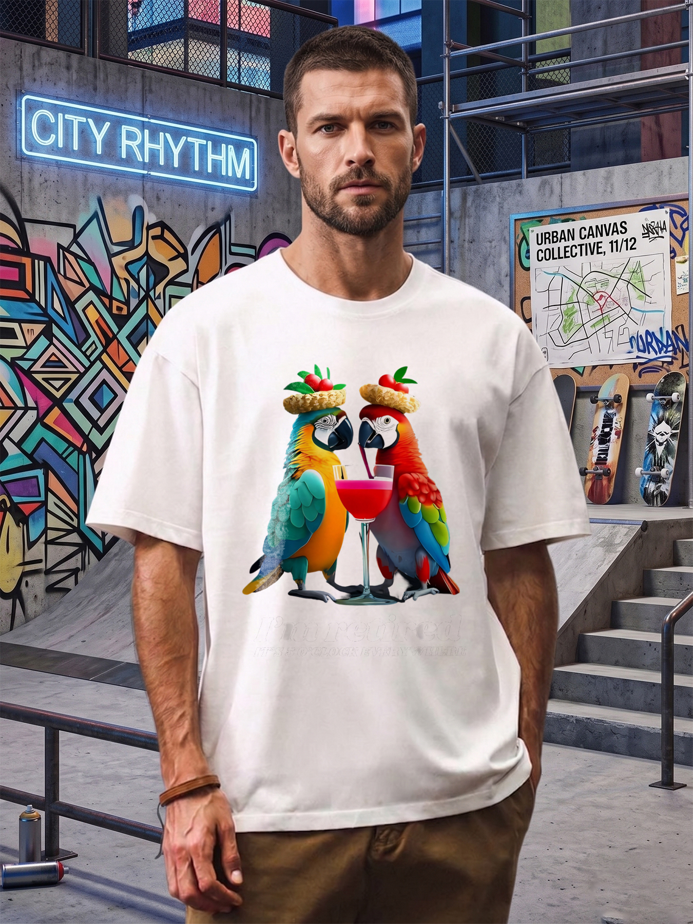 Men's Printed T-Shirt Featuring Colorful Parrots with Cocktail and 