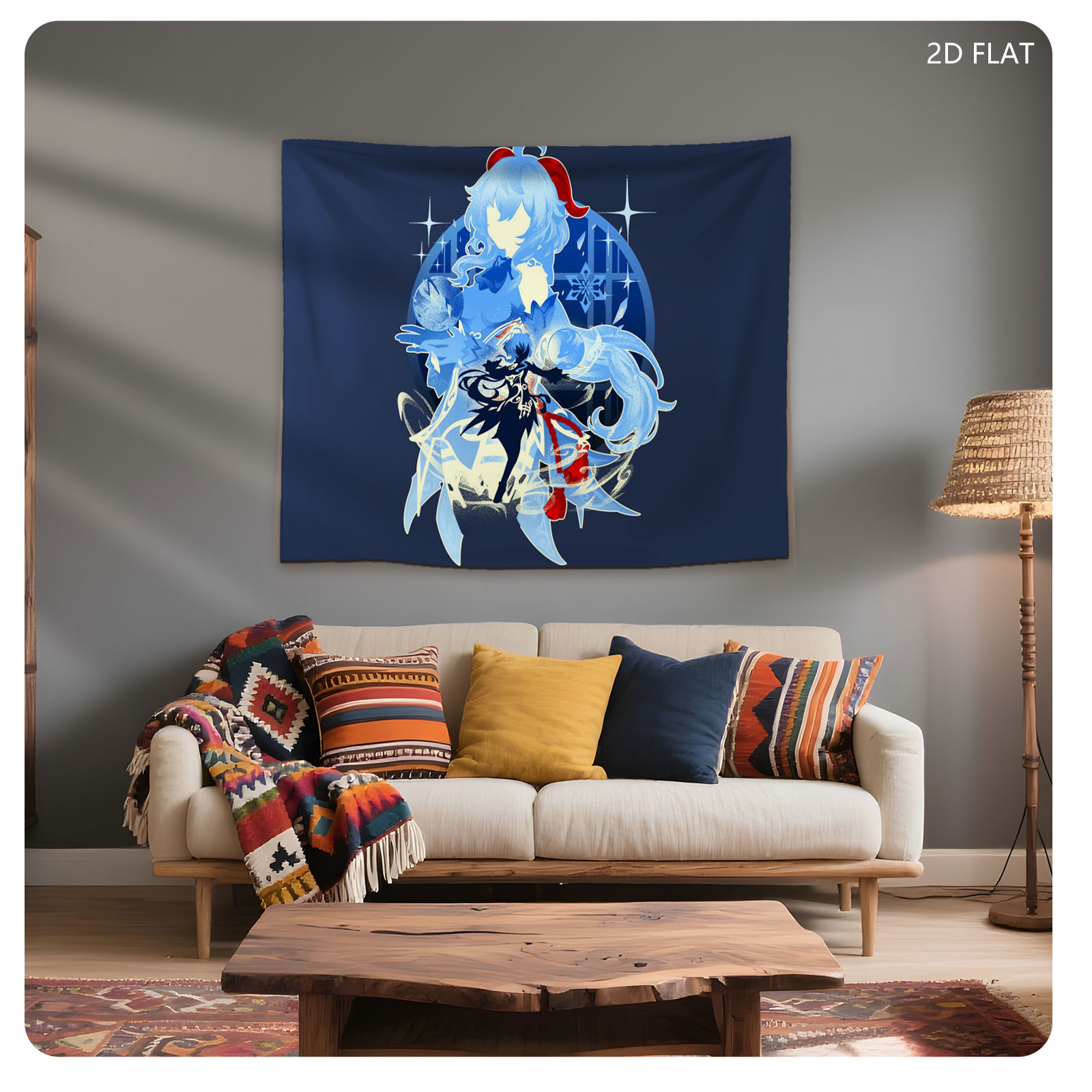 Blue-Haired Mage and Dark Warrior in Ice Magic Battle Scene - Tapestry