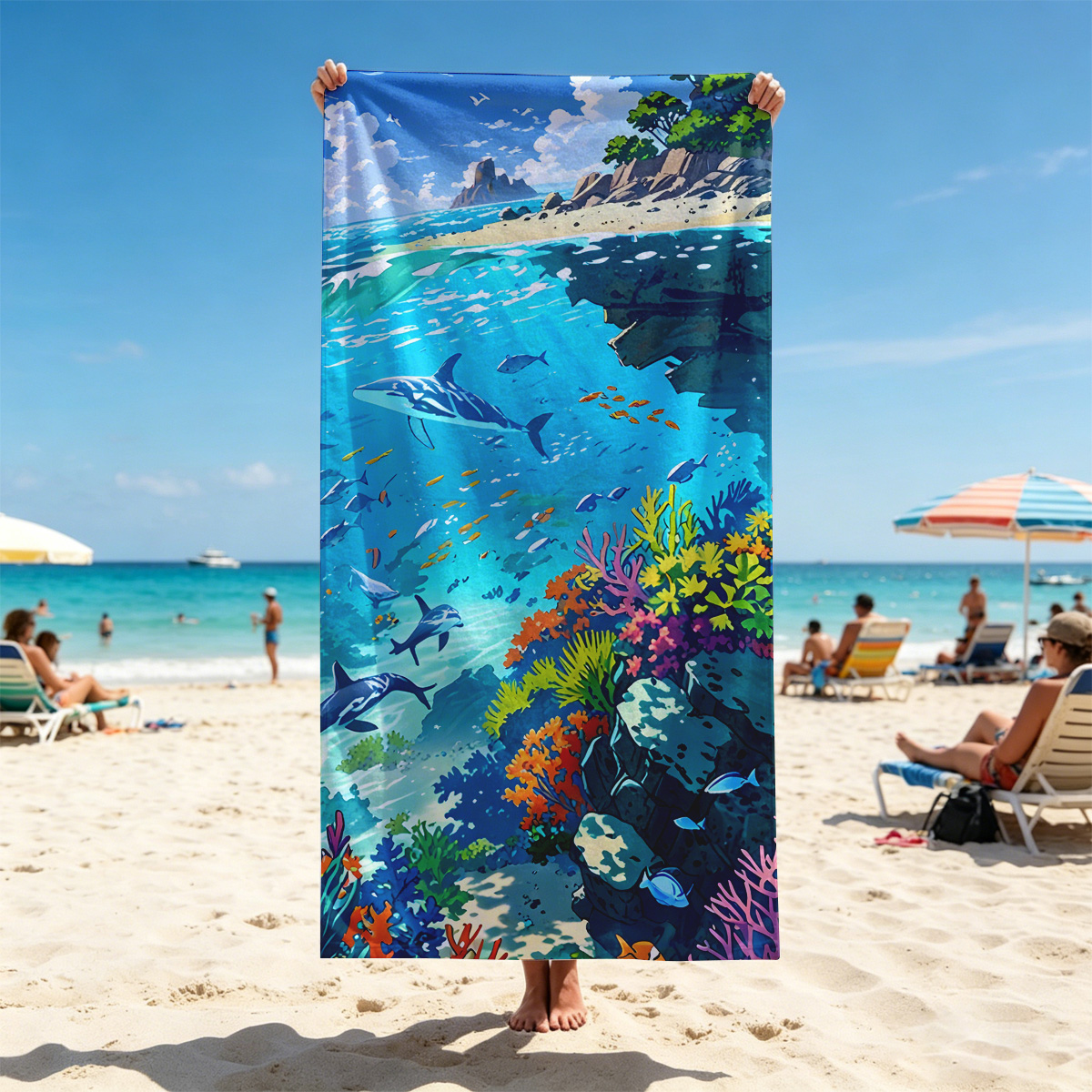 Vibrant Coral Reef with Dolphins and Tropical Fish - Beach towels