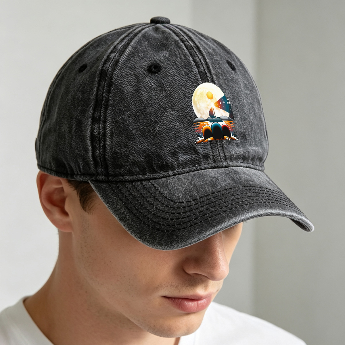 Sailboat Under the Moonlight with Musical Notes - Washed Denim - Baseball Cap
