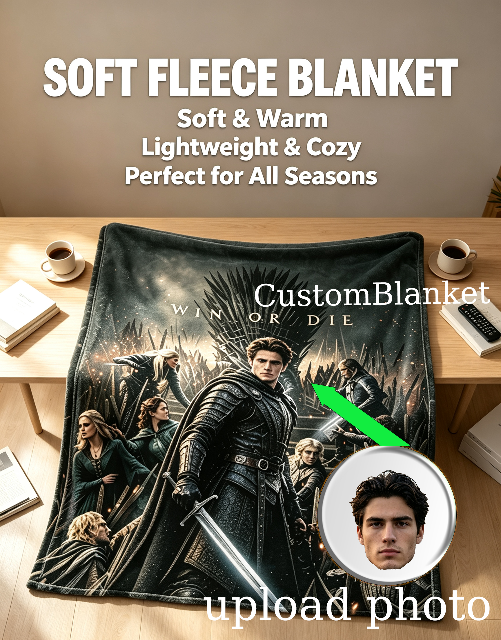 Custom Face Blanket Game of Thrones Inspired Iron Throne Warrior Flannel Blanket Cozy Living Room Bedding Gift for Fans and Collectors