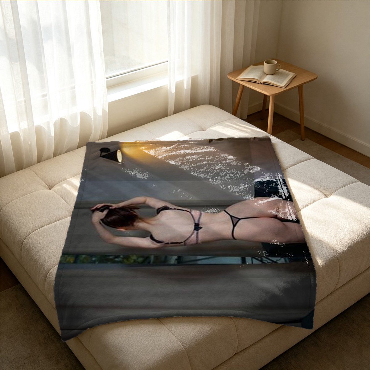 Two Women in Lace and Leopard Bodysuits on White Couch - Blanket