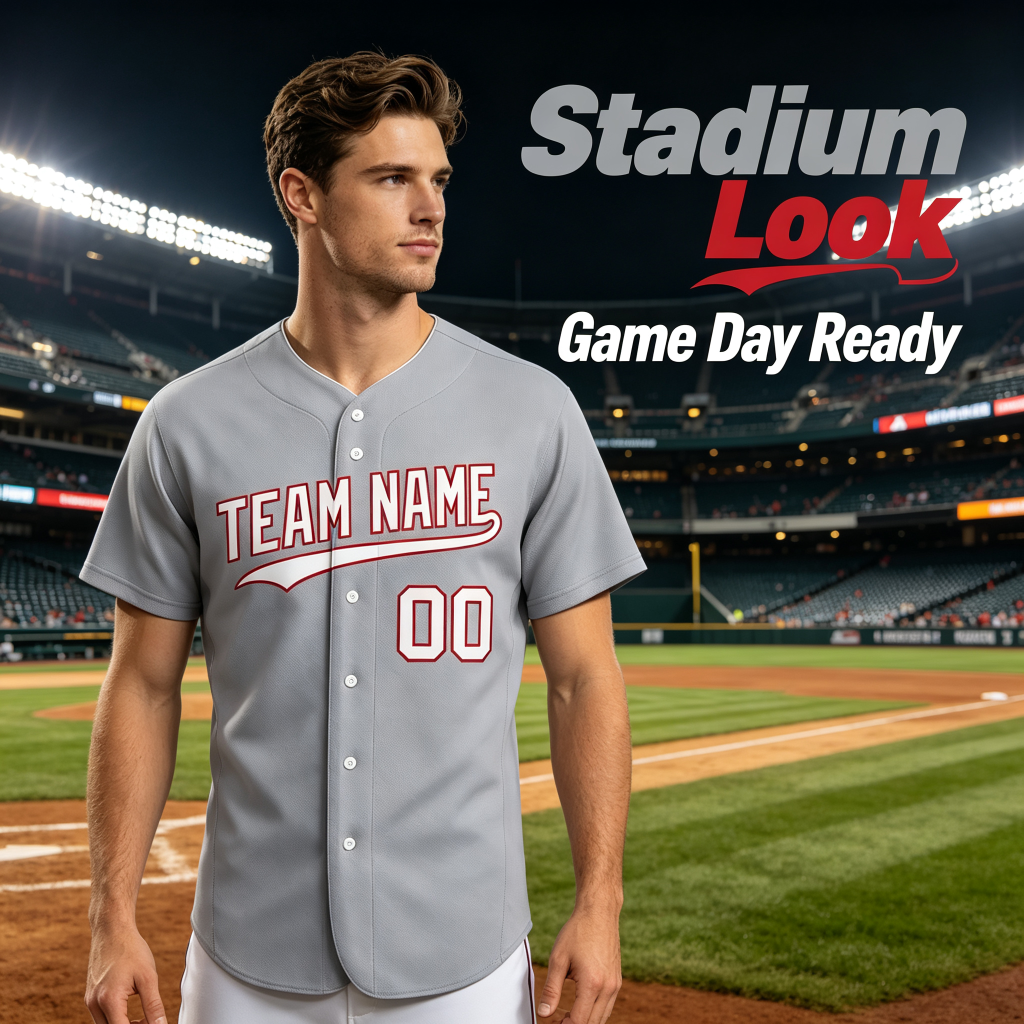 Custom Printed Detroit Script Style Baseball Jersey Gray Navy Piping Button Down Shirt for Men and Women
