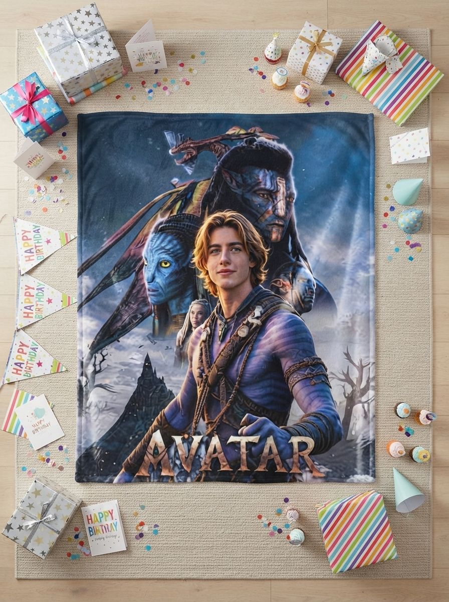 Custom Face Photo Sci-Fi Warrior Avatar Flannel Blanket Personalized Ultra Soft Cozy Fleece Throw for Couch and Bed