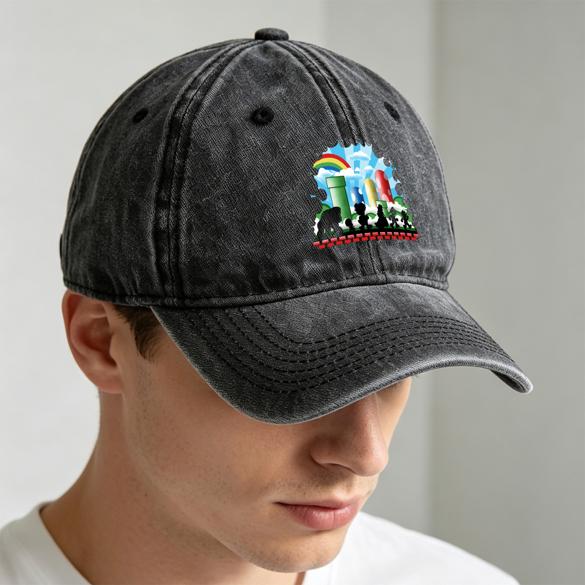 Super Mario Silhouettes: Koopa, Toad, Princess, Mario, and Luigi - Washed Denim - Baseball Cap