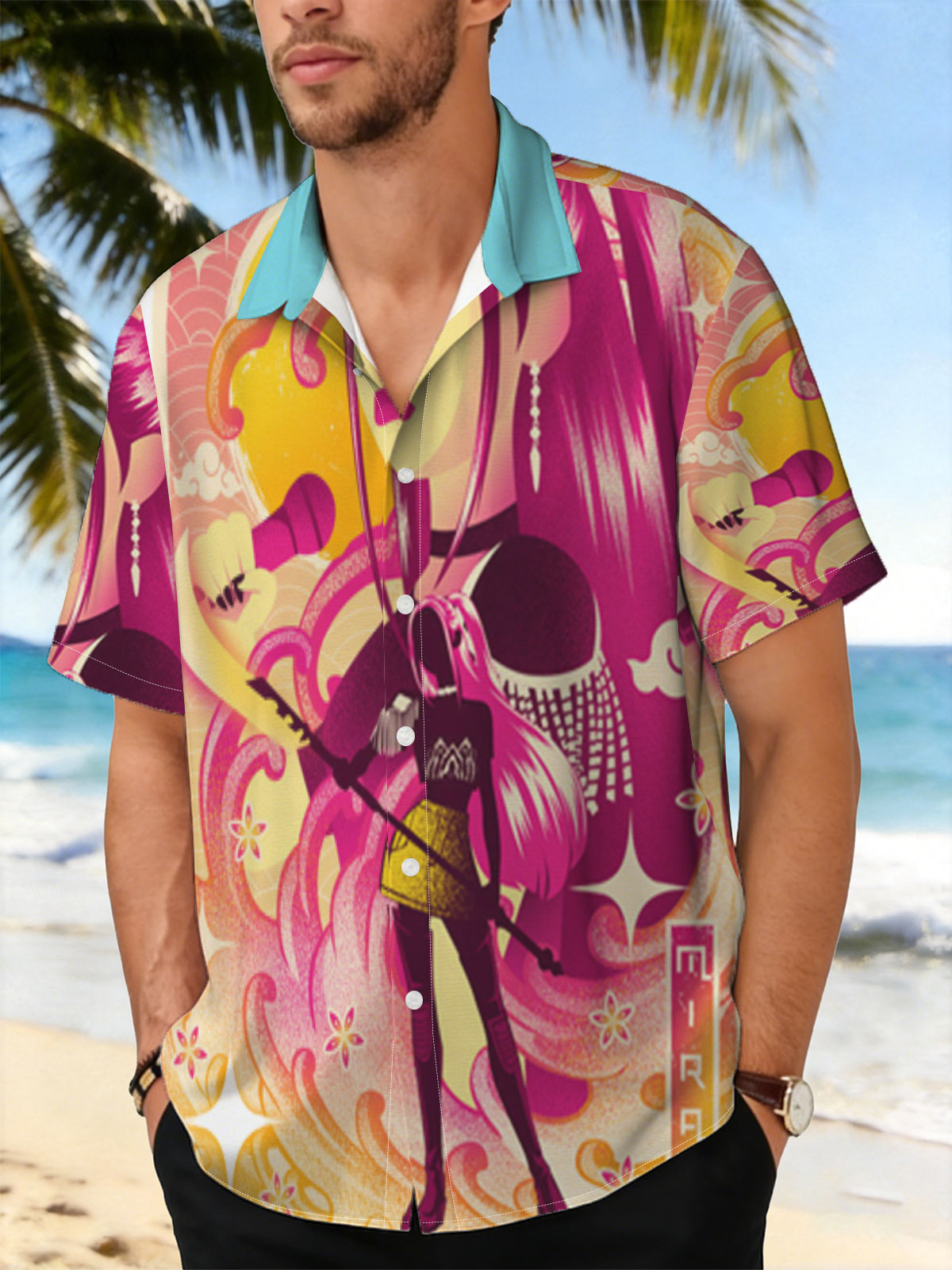 Mira, the Pink-Haired Singer with Microphone and Guitar, in a Vibrant, Stylized Artwork -  Shirt