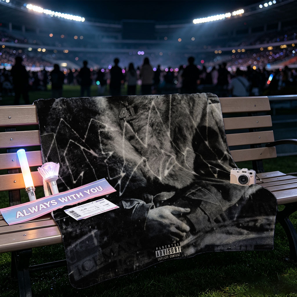 Kendrick Lamar in a fur-lined coat with geometric overlays and collage elements on a dark, textured background - Blankets