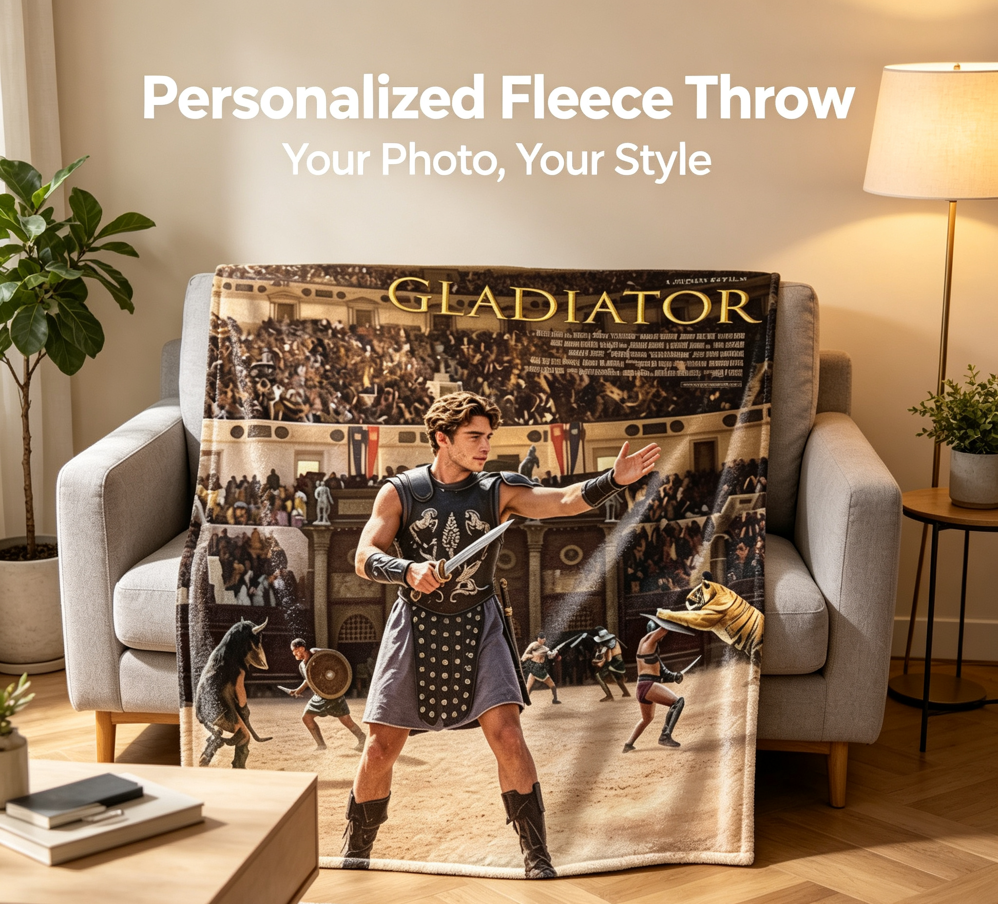 Custom Face Blanket Gladiator Movie Inspired Flannel Blanket for Couch, Bed, or Travel – Perfect Gift for Movie Fans and Roman History Enthusiasts