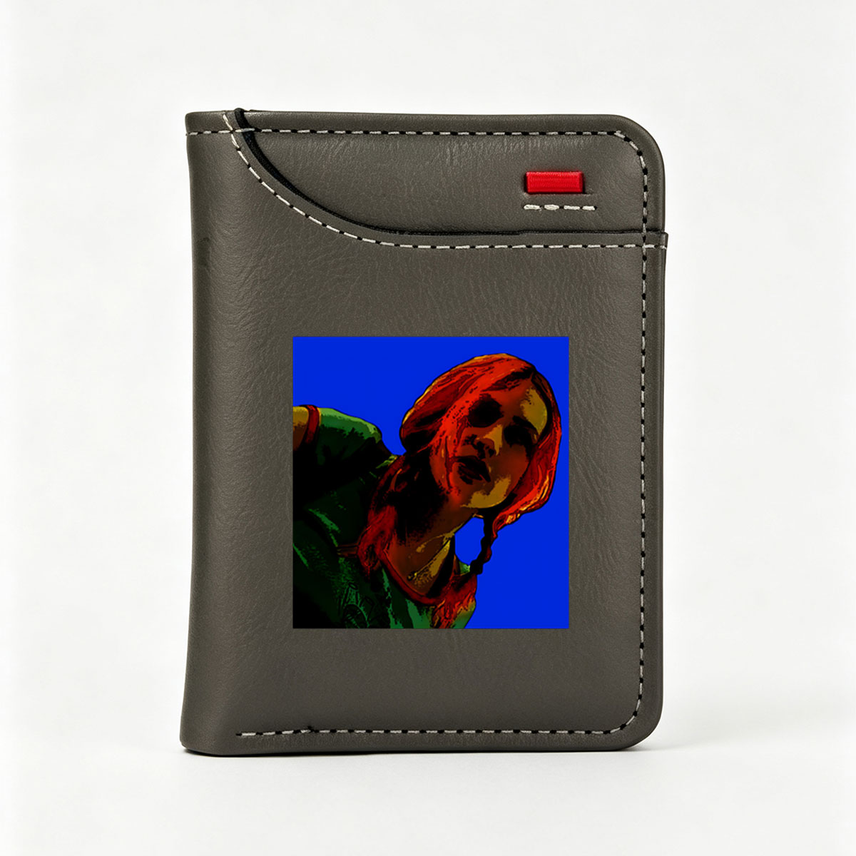 Red-Haired Woman in Green Top Against Blue Background - Vertical Style Wallet