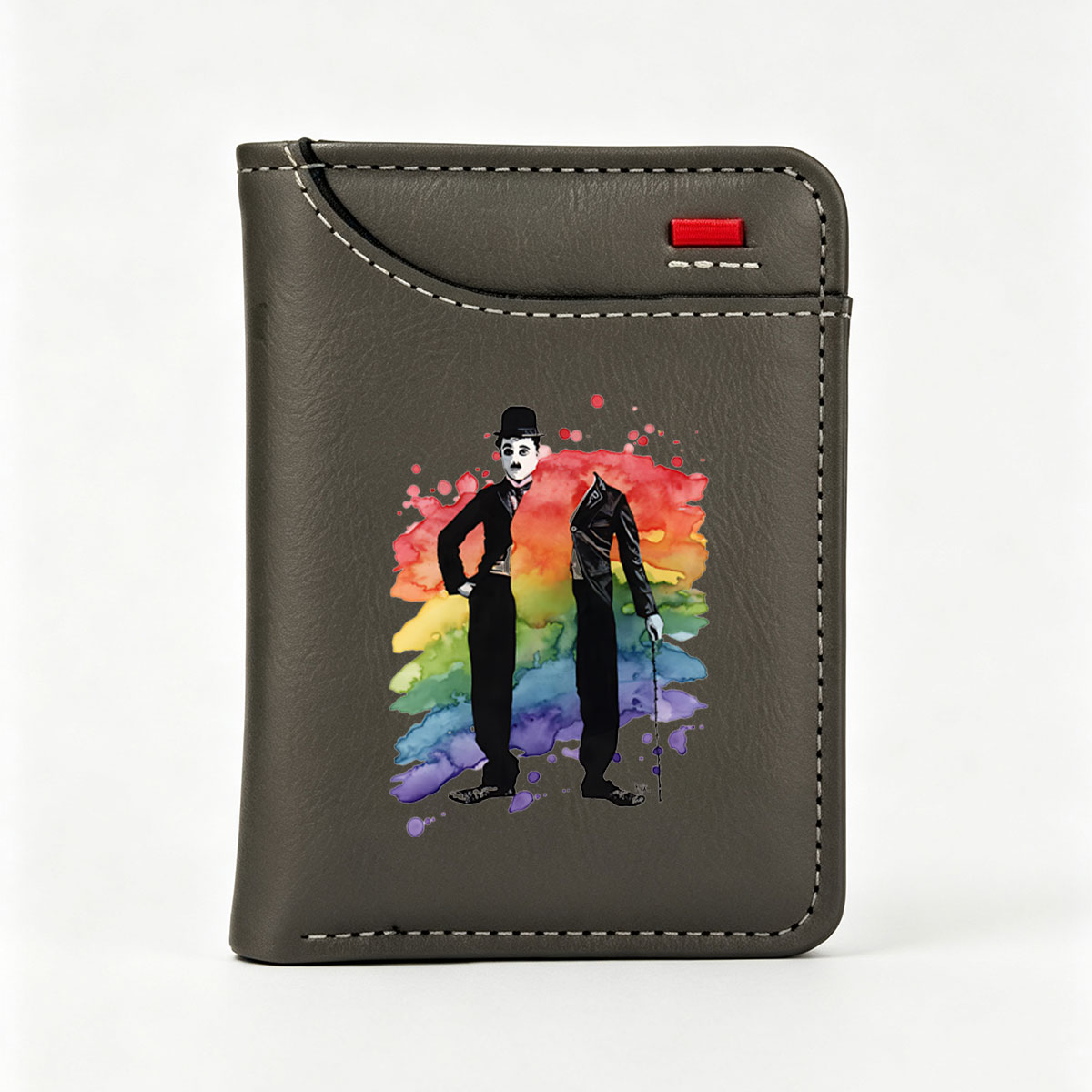 Buster Keaton and a Dapper Gentleman in a Rainbow Watercolor Background - Vertical Style Wallet