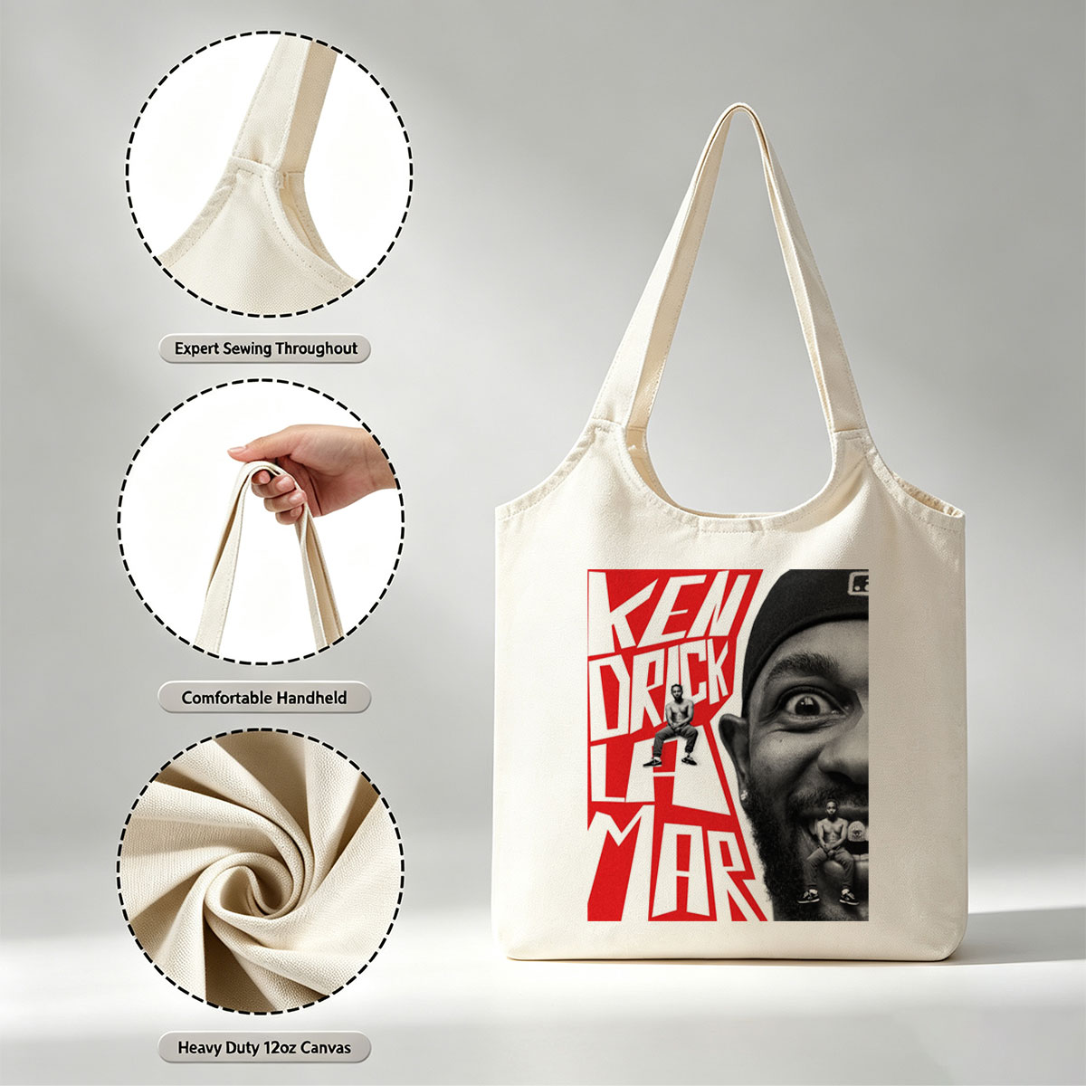 Ken Duck La Mar - Bold Red Text and Black-and-White Portrait with Miniature Figures on Face and Lettering - Canvas shoulder bags/