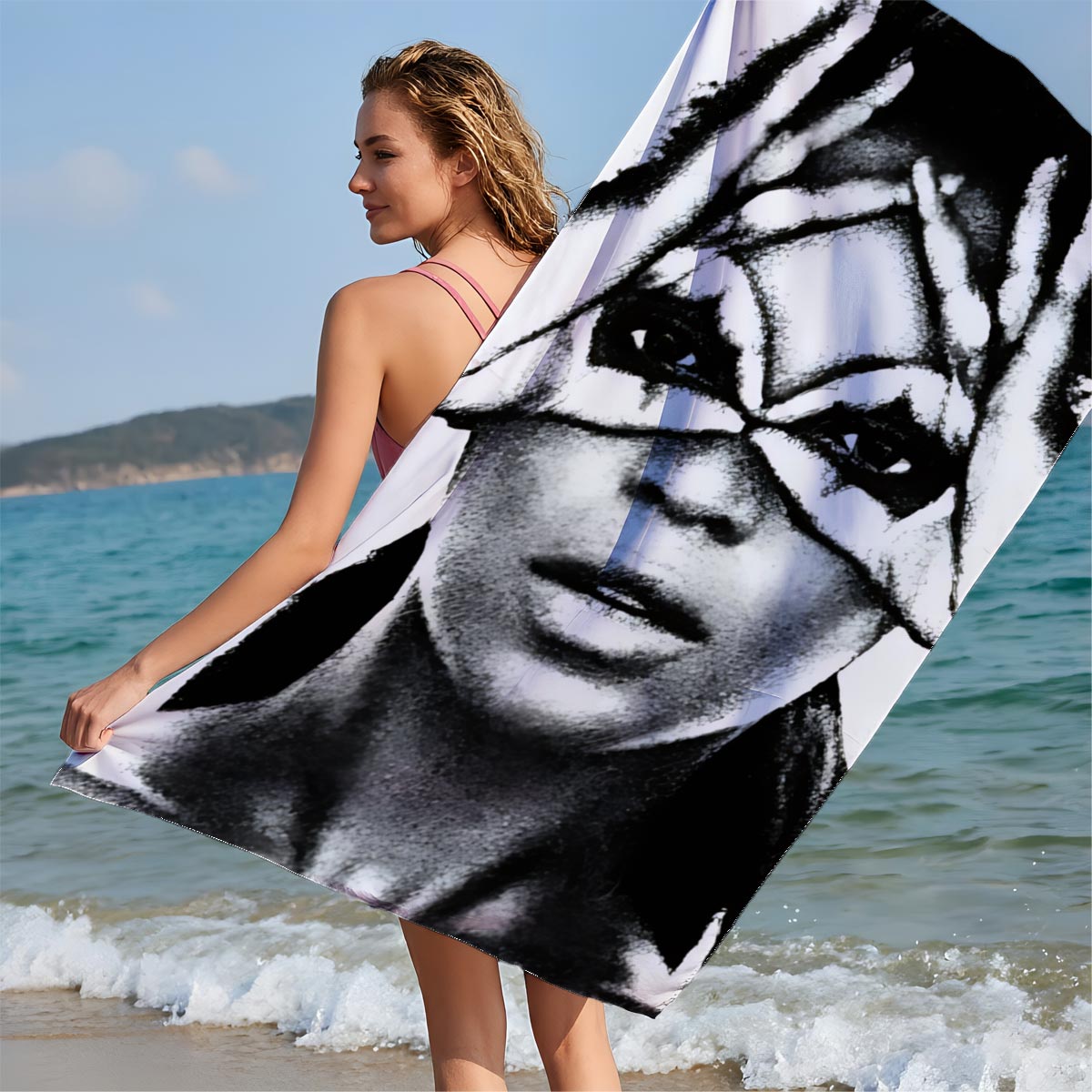 Woman with Hands Forming X Over Eyes, Dramatic Makeup, Black and White Portrait - Beach towels